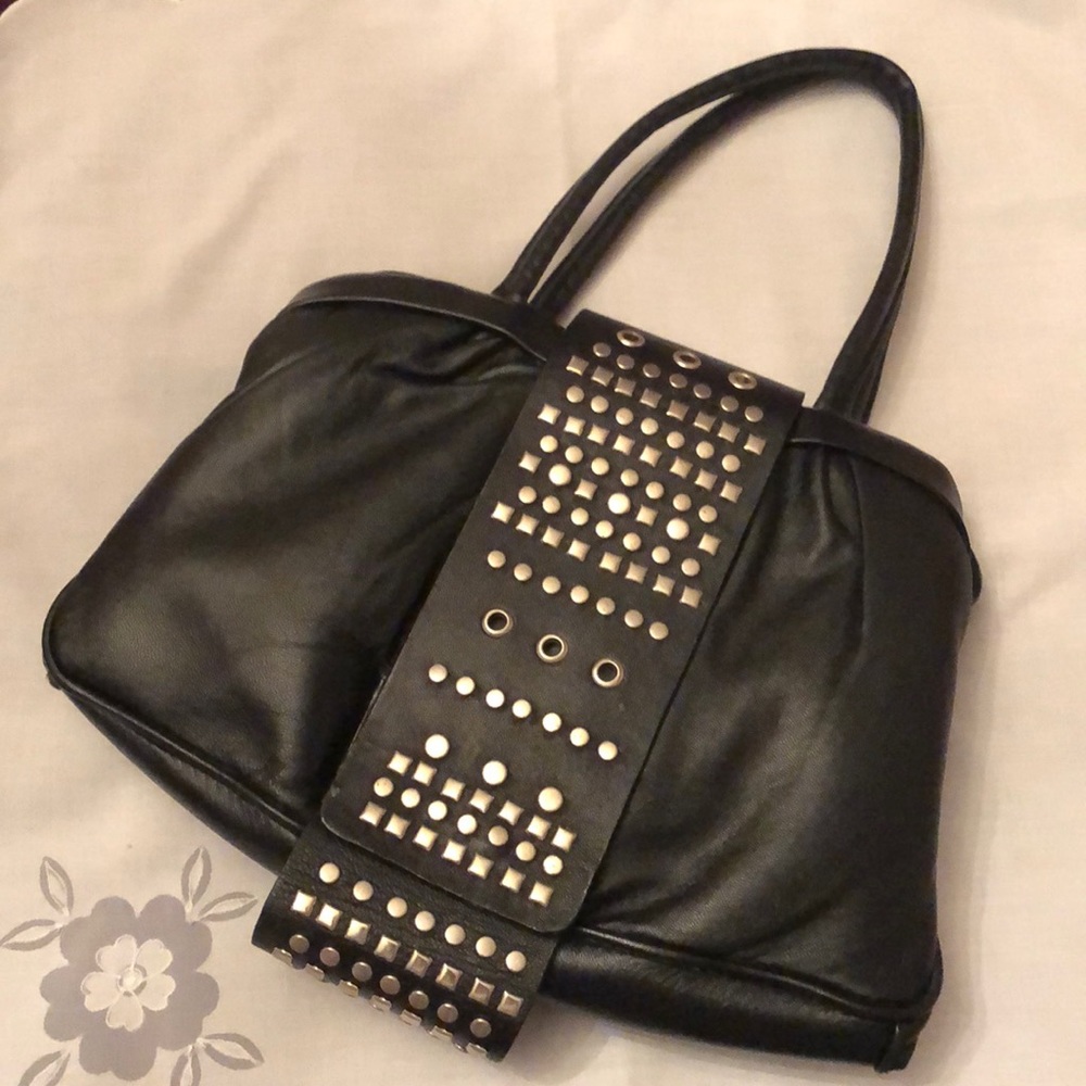 Leather Black w/Rivets Biker Style Handbag